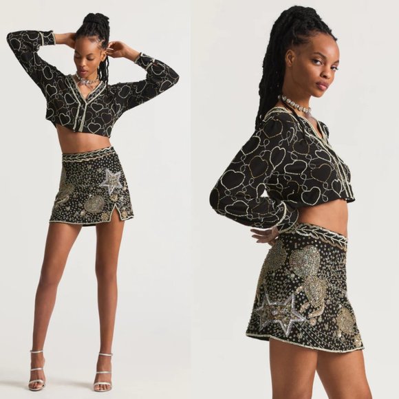 LoveShackFancy Norima Crop Cardigan Sz L Black Beaded Heart V-neck Cuff Sleeves - Picture 1 of 11